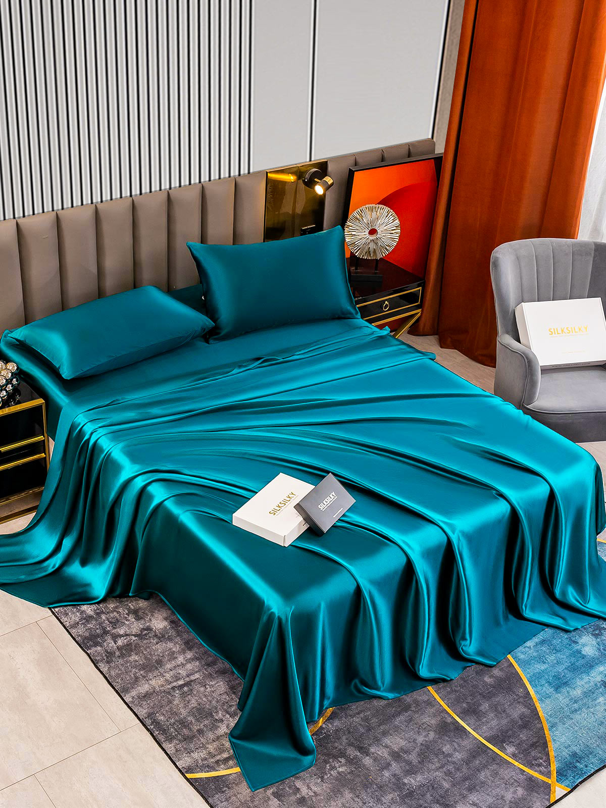 [Blågrøn] SilkSilky-DK 22Momme Bedding Set 002