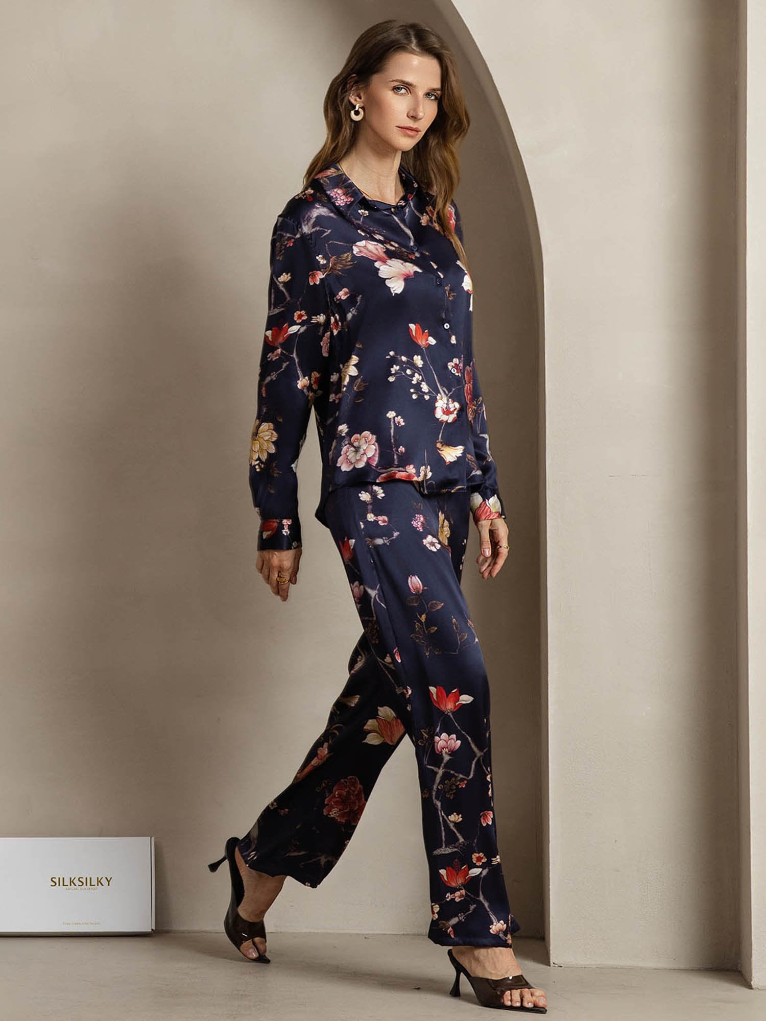 [MarineBlomster] SilkSilky-DK 19Momme Silke Lapel Collar Women''s Outfit Sets 005