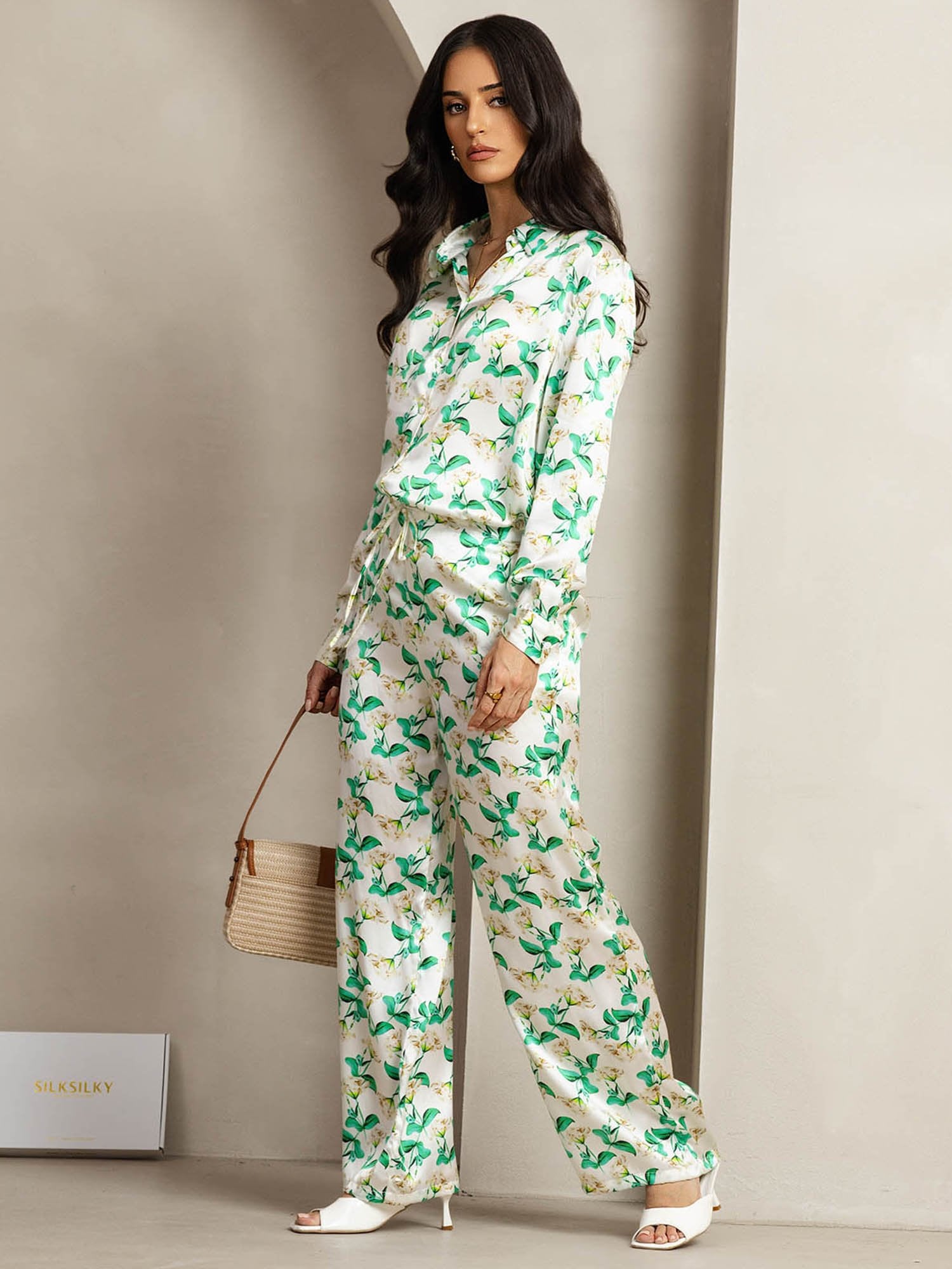 [GrønBlomster] SilkSilky-DK 19Momme Silke Lapel Collar Women''s Outfit Sets 003