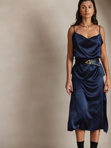 [Mørkeblå] SilkSilky-DK 19Momme Spaghetti Rem Drapert halsutringning Camisole Top 003
