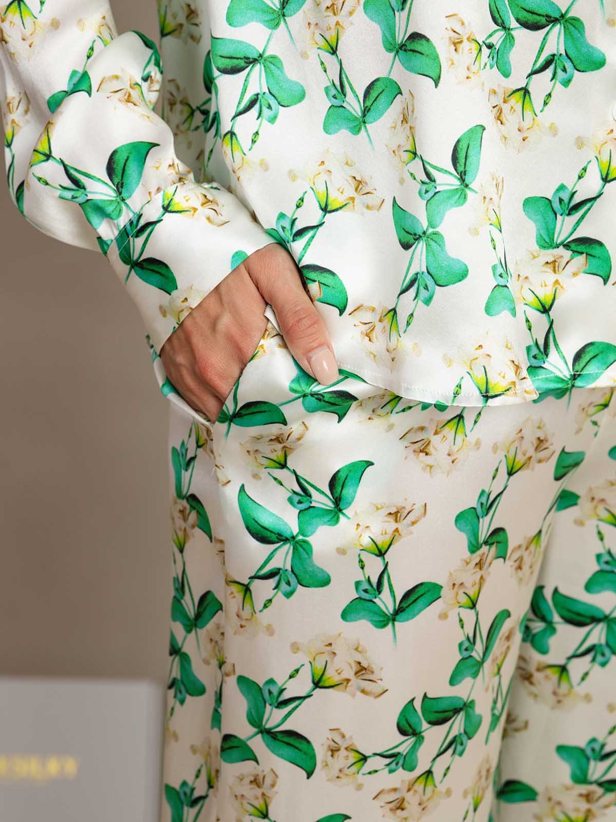 [Grøn Blomster] SilkSilky-DK 19Momme Silke Womens Outfit Sets 006