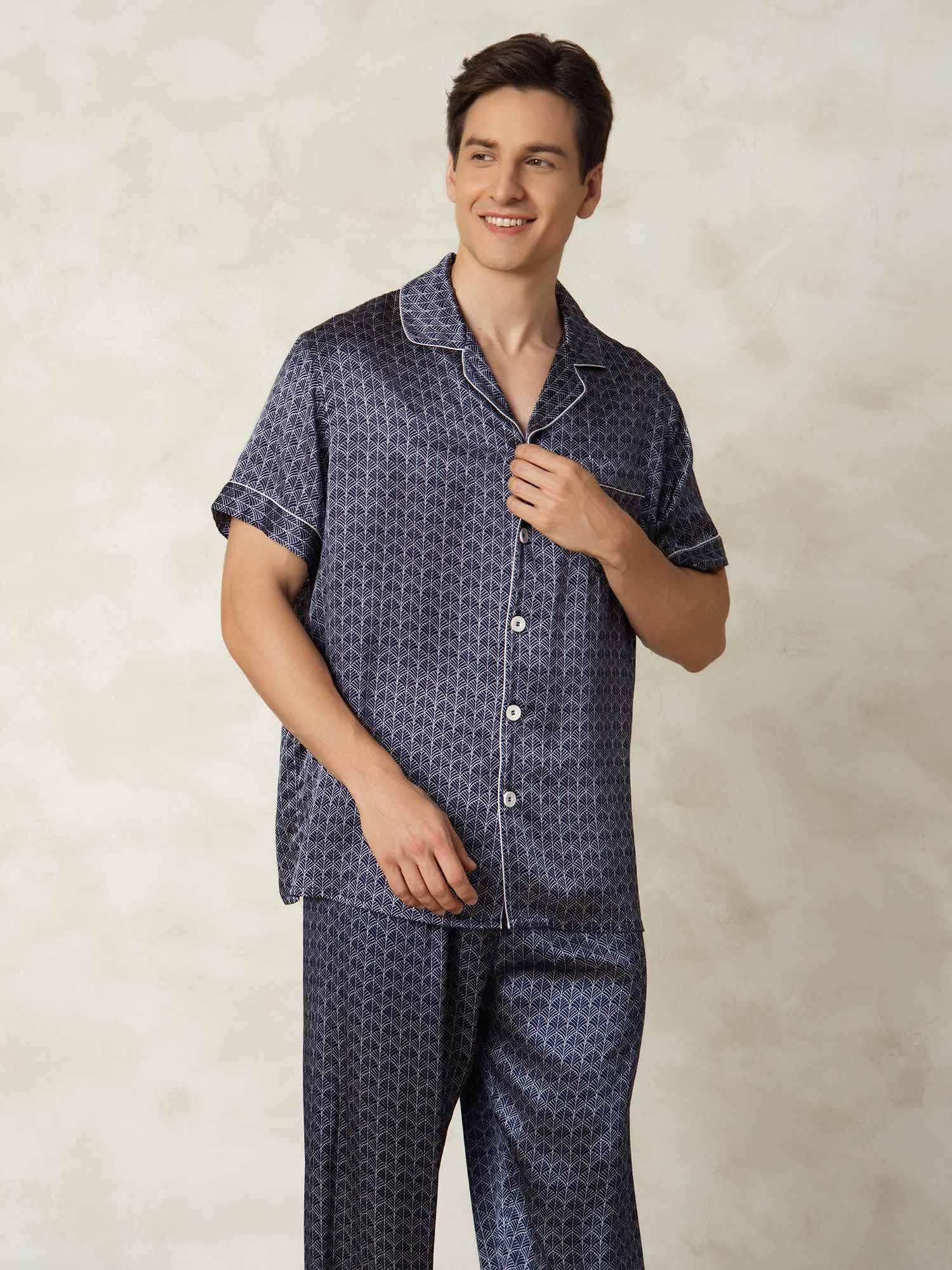 [MarineGinkgo] SilkSilky-DK Silke Lapel Collar Pyjamas til Mænd 003