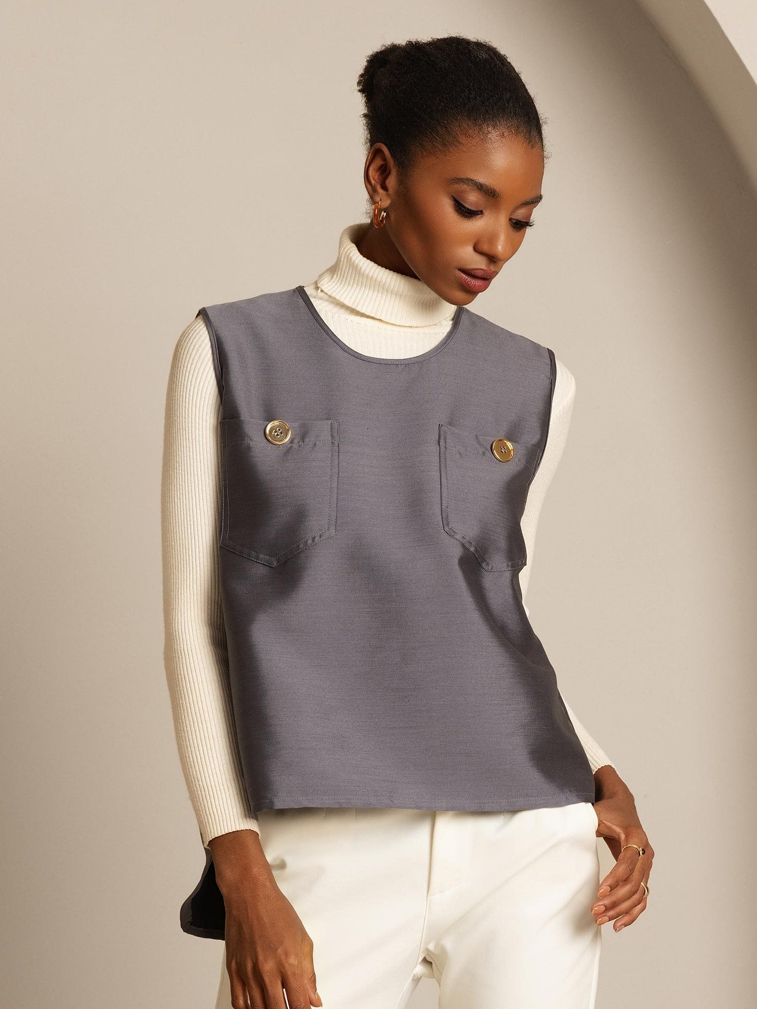 [Grå] SilkSilky-DK 32Momme Silke Womens Vest 006,