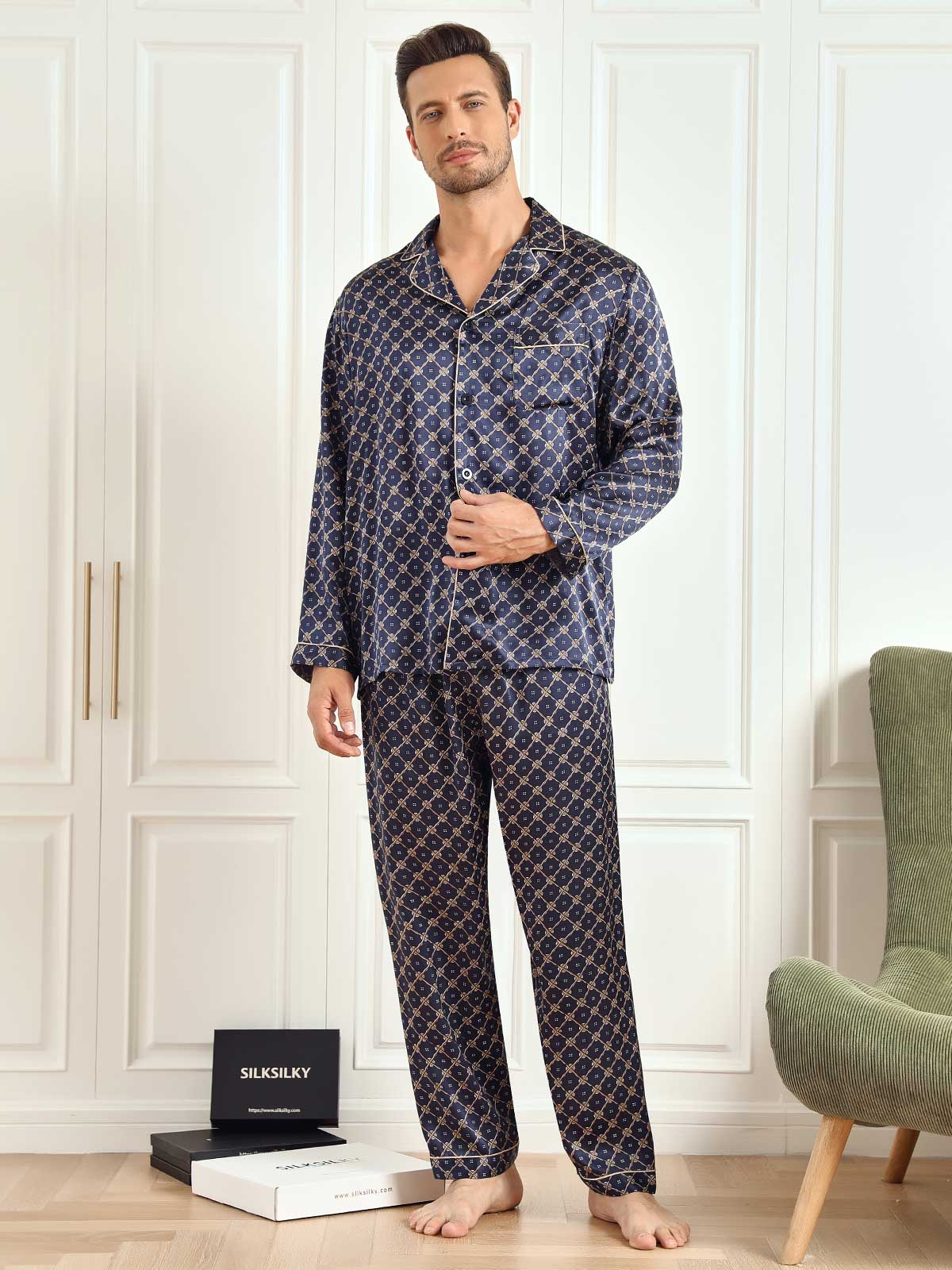 [Marine Kæde] SilkSilky-DK 19Momme Mens Pajamas 004
