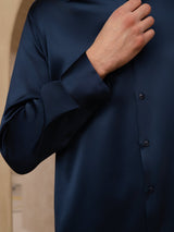 [Mørkeblå] SilkSilky-DK Long Sleeve Lapel Collar Herreskjorte 006