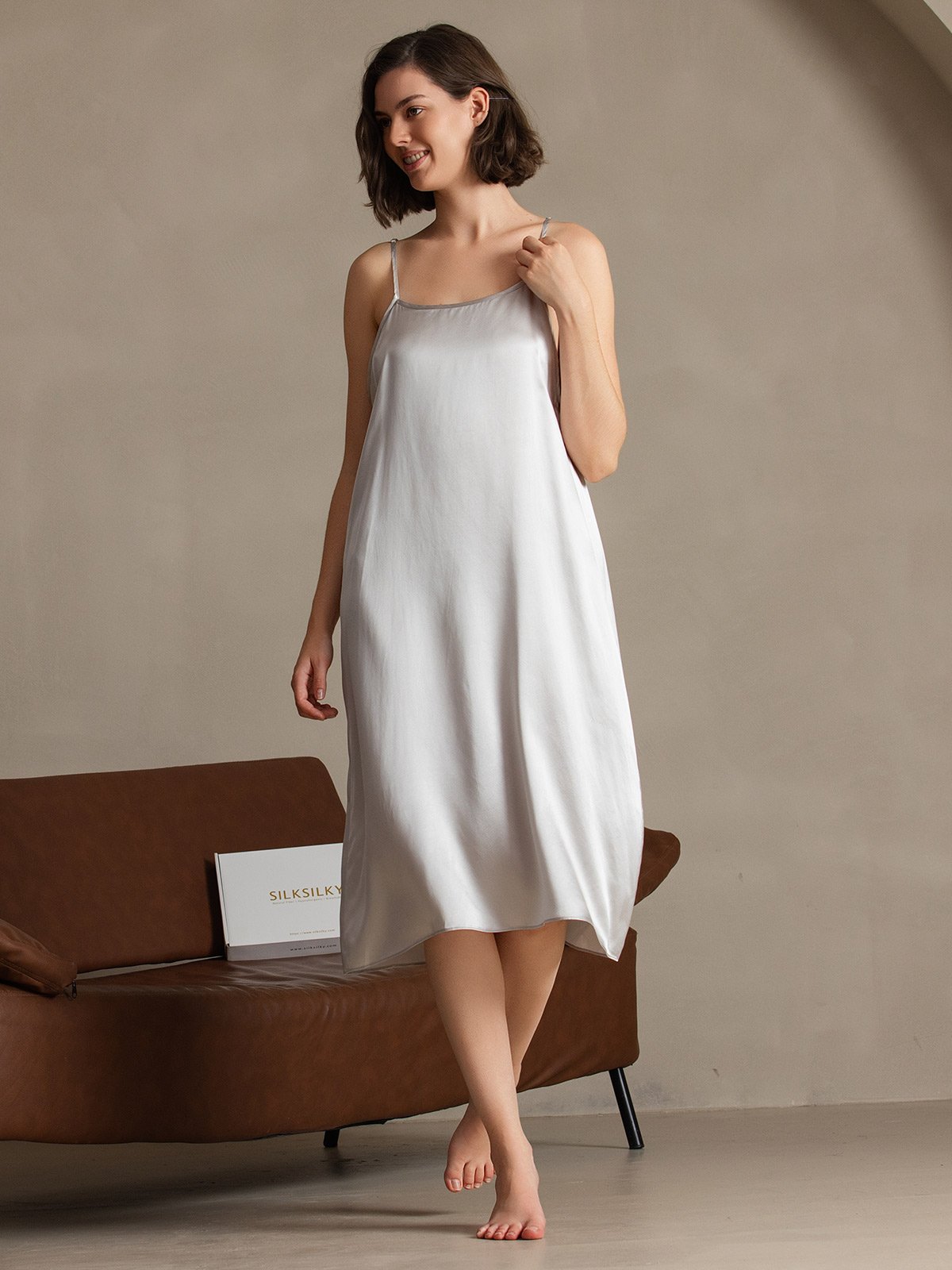 [Lysegrå] SilkSilky-DK 19Momme Silke Sleeveless Dress 006