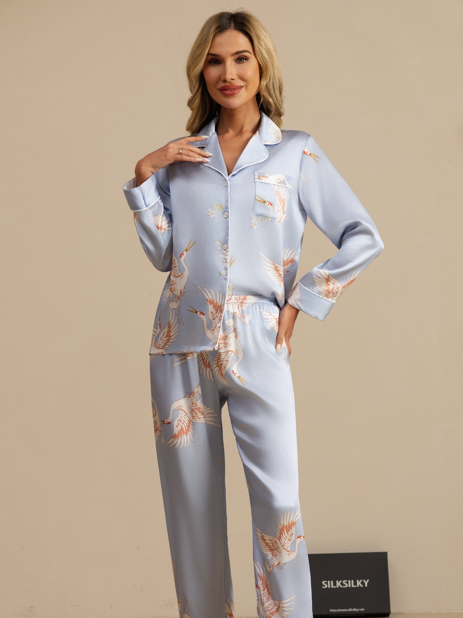 [Lyseblå] SilkSilky-DK 19Momme Langærmet Notchkrage Dame Pyjamas 004
