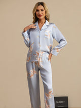 [Lyseblå] SilkSilky-DK 19Momme Langærmet Notchkrage Dame Pyjamas 004