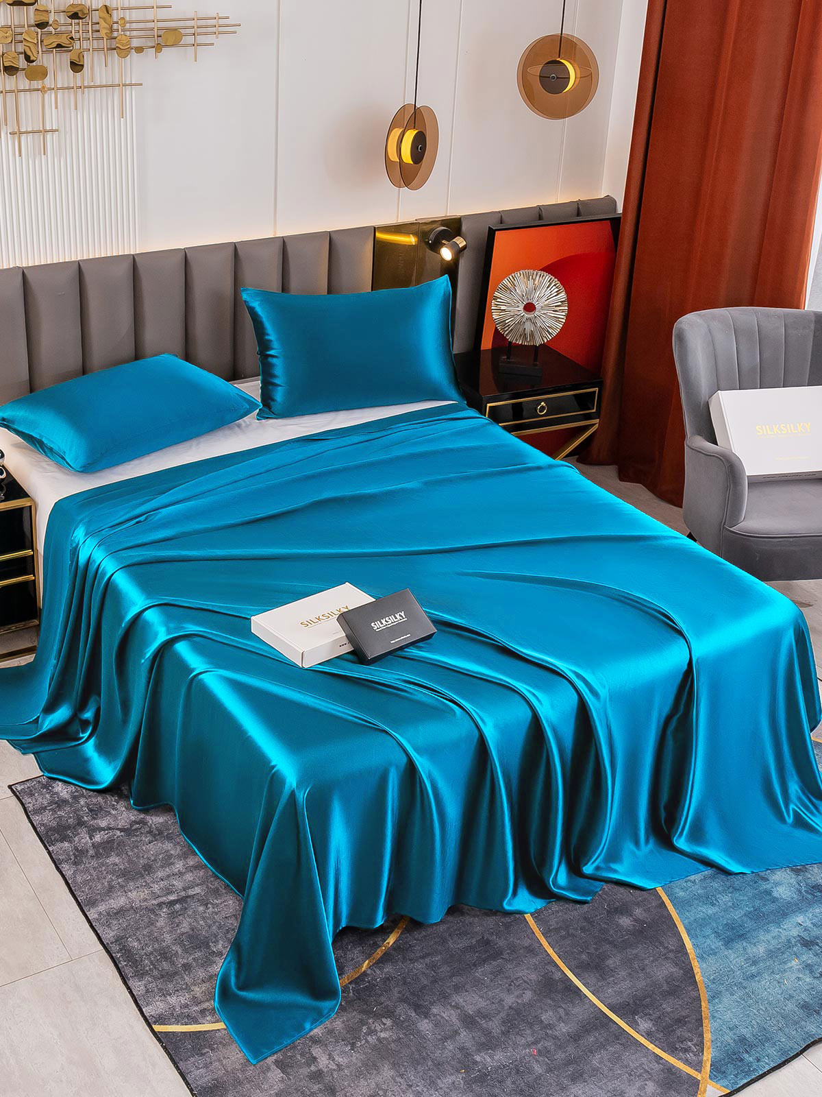 [Blågrøn] SilkSilky-DK 19Momme Bedding Set 001