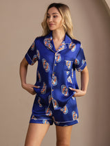[Marineblå Søhest] SilkSilky-DK Short Sleeve Lapel Collar Dame Pyjamas 004