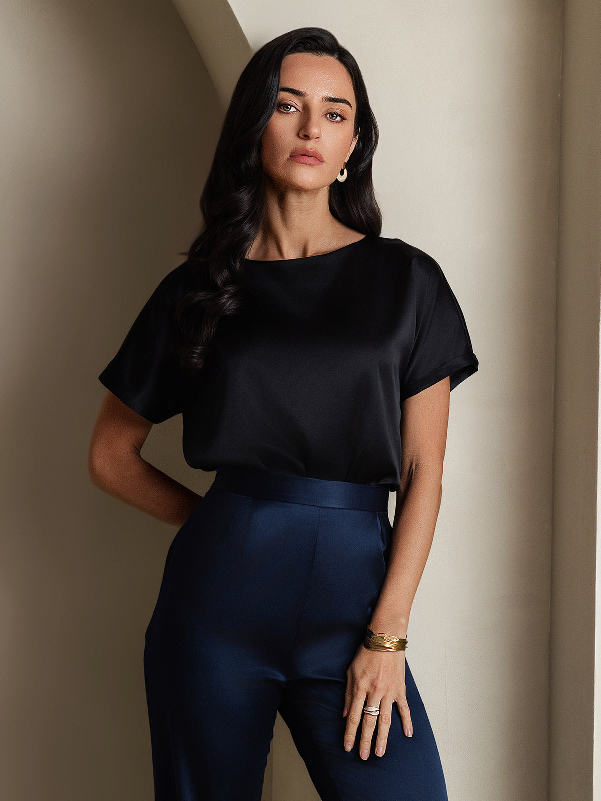 [Sort] SilkSilky-DK 19Momme Silke Short Sleeve Round Neck T-shirt til kvinder 004