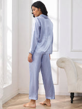 [Stål Blå] SilkSilky-DK Long Sleeve Lapel Collar Dame Pyjamas 002