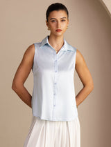 [Lyseblå] SilkSilky-DK Sleeveless Lapel Collar Dameskjorte 003