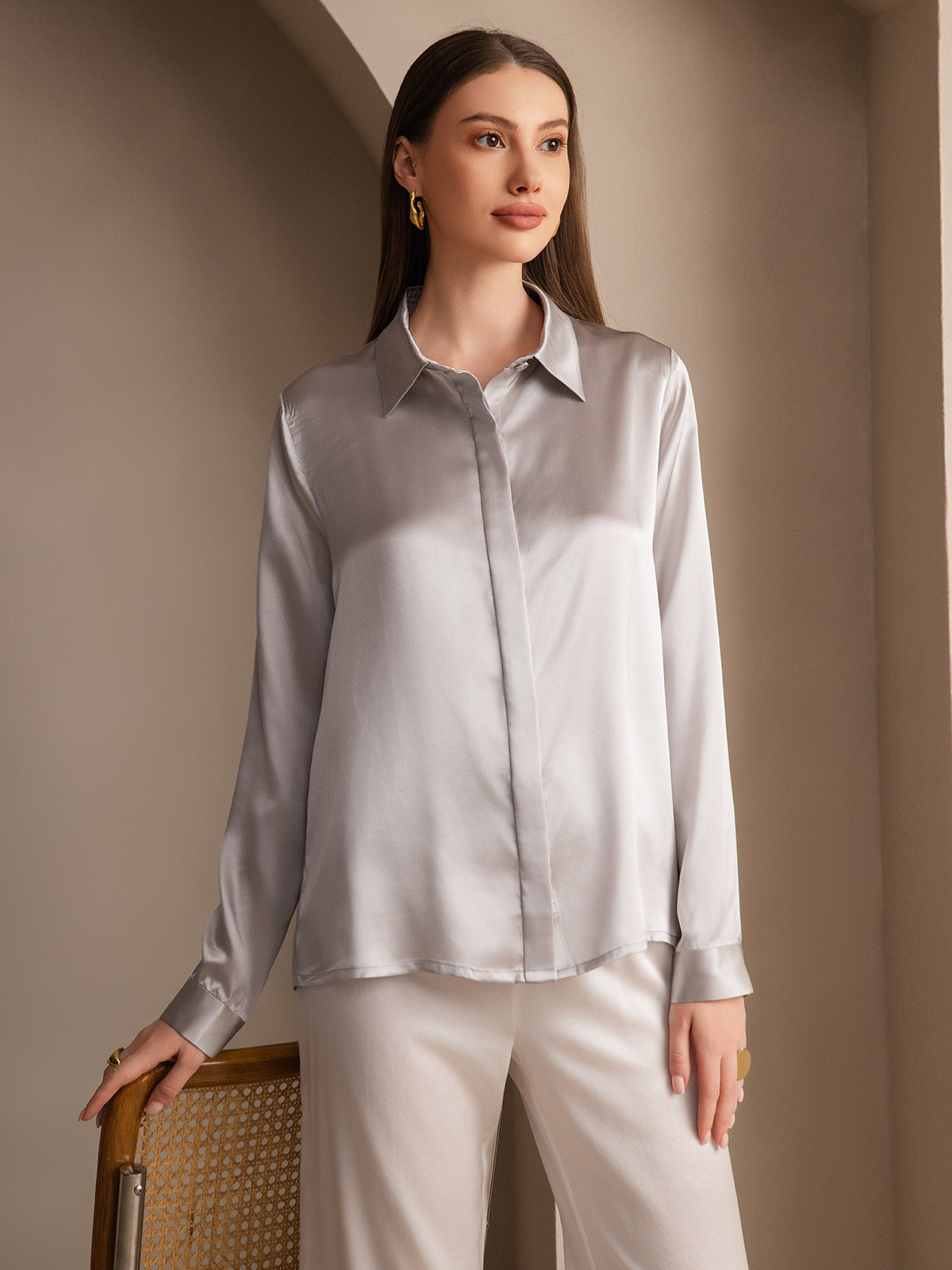 [Lysegrå] SilkSilky-DK 19Momme Silke Womens Shirt 001