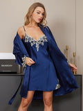 SilkSilky-DK-3/4-Sleeve-Nightgown&Robe-Set-Mørkeblå-004