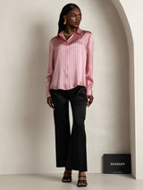 [Rosa Stribe] SilkSilky-DK Long Sleeve Lapel Collar Dameskjorte 008