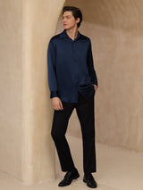 [Mørkeblå] SilkSilky-DK Long Sleeve Lapel Collar Herreskjorte 008