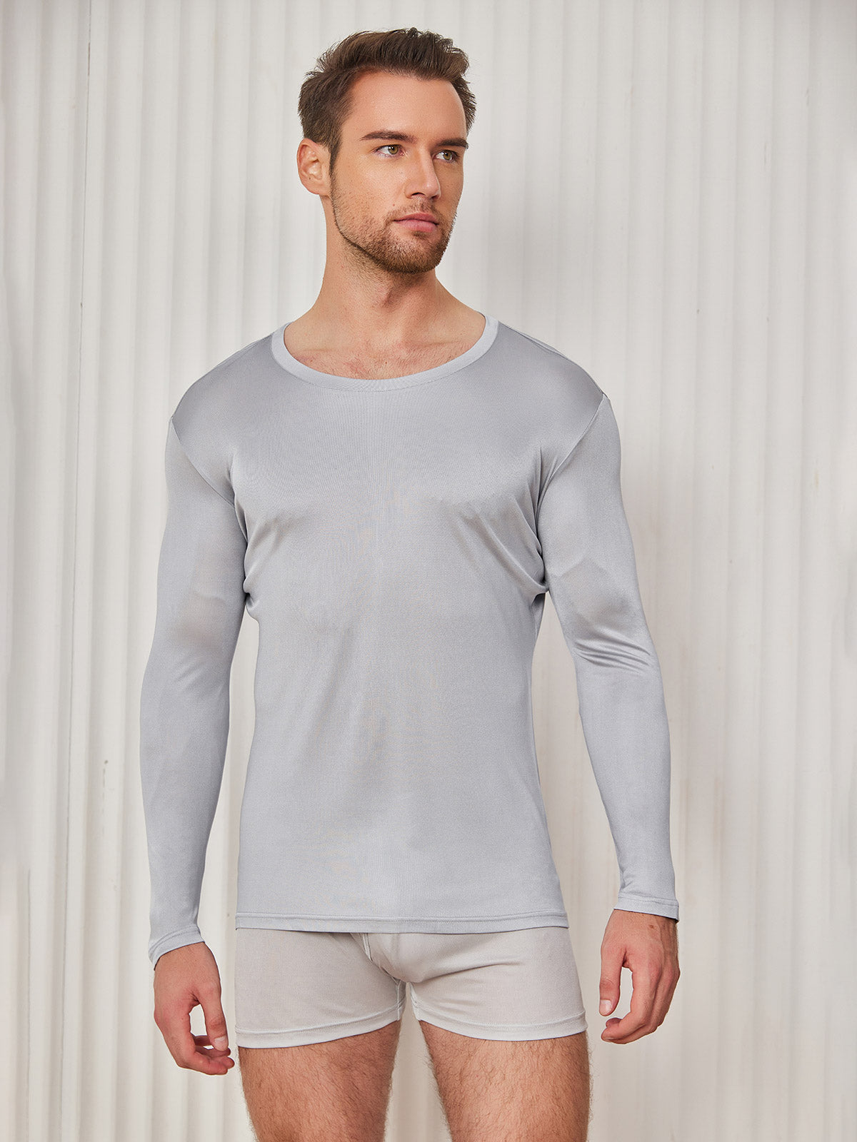 SilkSilky-DK-Silk-Knitted-Long-Sleeve-Round-Neck-Herre-T-shirt-Lysegrå-001