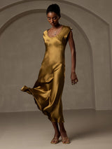 [Brun] SilkSilky-DK Kappeærmer Scoop Neck Kjole 005