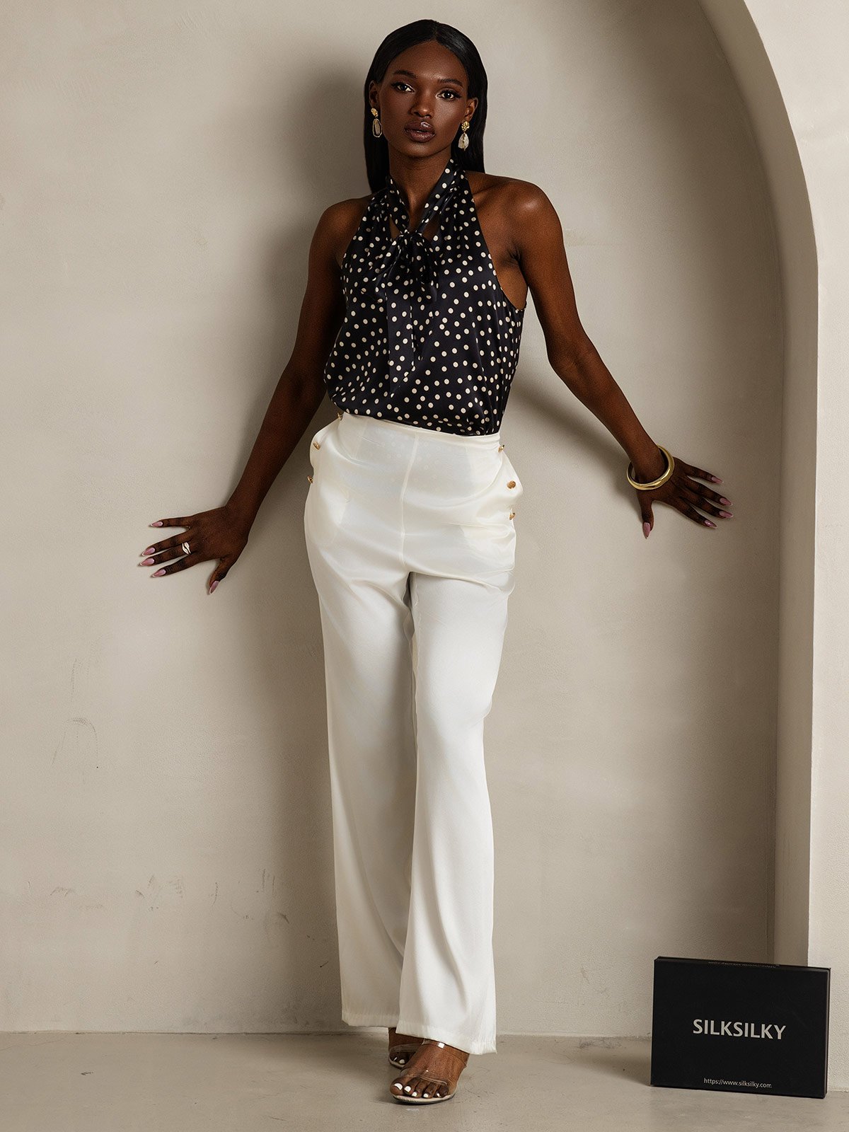 SilkSilky-DK 19Momme Silke Womens Shirt Sort+Hvid 008