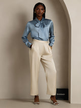 [Gråblå] SilkSilky-DK Long Sleeve Tie Neck Damebluser 005