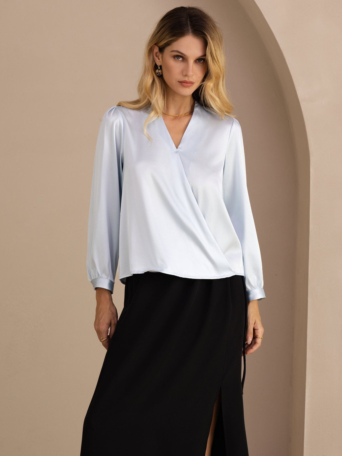 [Lyseblå] SilkSilky-DK Long Sleeve Wrap Damebluser 001
