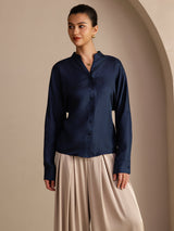 [Mørkeblå] SilkSilky-DK Long Sleeve Blouse 004