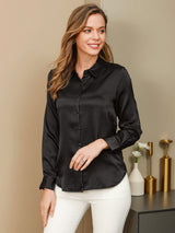 [Sort] SilkSilky-DK Long Sleeve Lapel Collar Dameskjorte 001