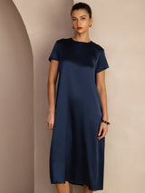 [Mørkeblå] SilkSilky-DK Short Sleeve Round Neck Kjole 005
