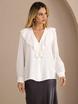 [Hvid] SilkSilky-DK Long Sleeve Deep V Neck Damebluser 001