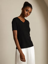 [Sort] SilkSilky-DK Short Sleeve V Neck T-shirt til kvinder 003