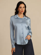 [Gråblå] SilkSilky-DK Long Sleeve Lapel Collar Dameskjorte 009