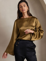 [Brun] SilkSilky-DK Long Sleeve Boat Neck Bluse 001