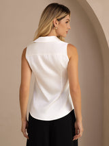 [Hvid] SilkSilky-DK Sleeveless Lapel Collar Dameskjorte 002