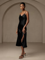 [Sort] SilkSilky-DK Spaghetti Rem Drapert halsutringning Kjole 003