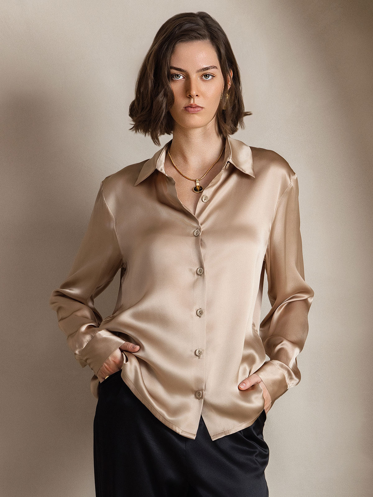 [Champagne] SilkSilky-DK Silke Long Sleeve Collar Dameskjorte 001