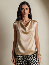 [Champagne] SilkSilky-DK Cap Sleeve Cowl Neck T-shirt til kvinder 001