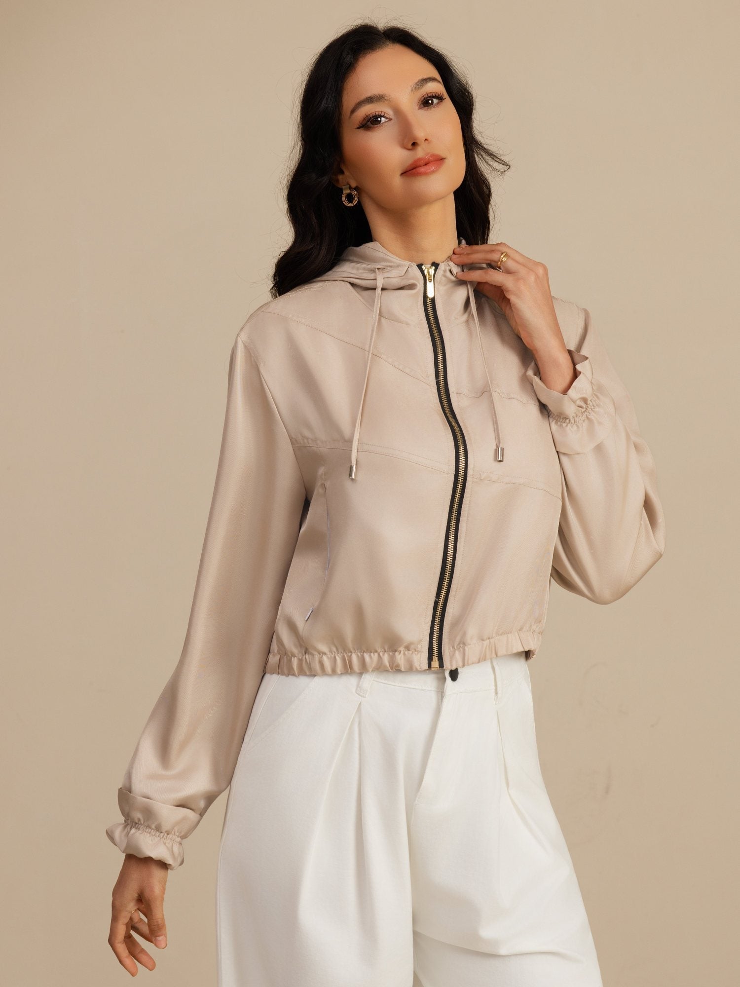 [Tan] SilkSilky-DK 18Momme Langærmet Høj Hals Overtøj til Kvinder 003