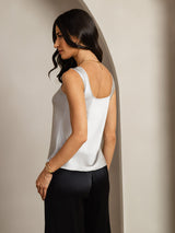 [Sølv] SilkSilky-DK 19Momme Ærmeløs Dyb Rund Halsudskæring Camisole Top 002