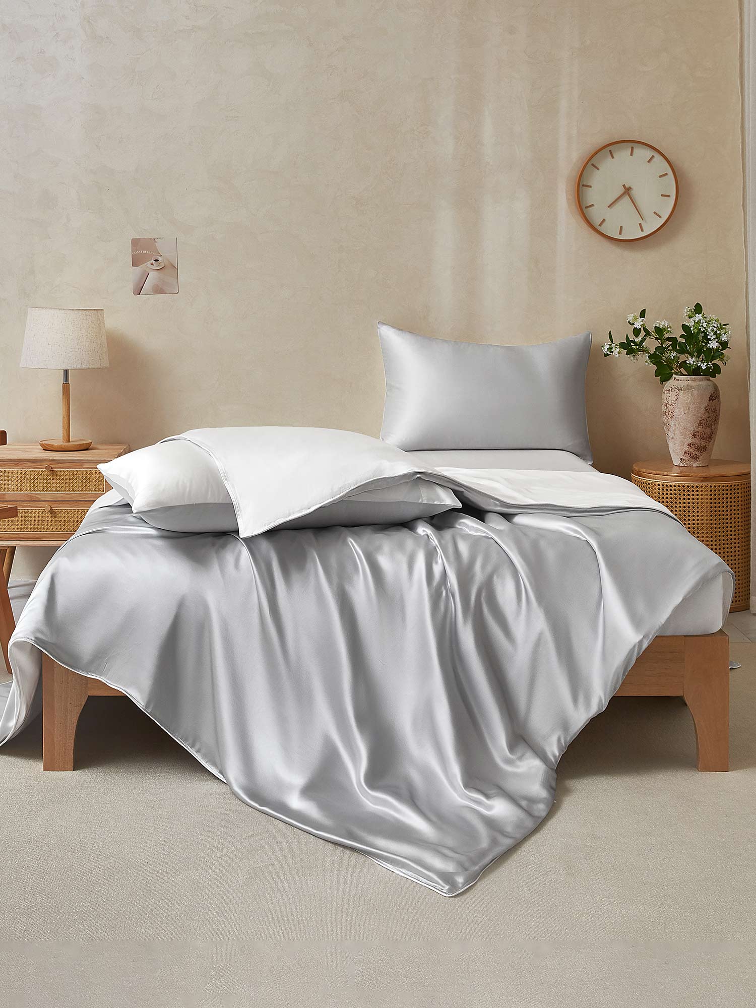 [Lysegrå+Hvid] SilkSilky-DK 19Momme Bedding Set 002,