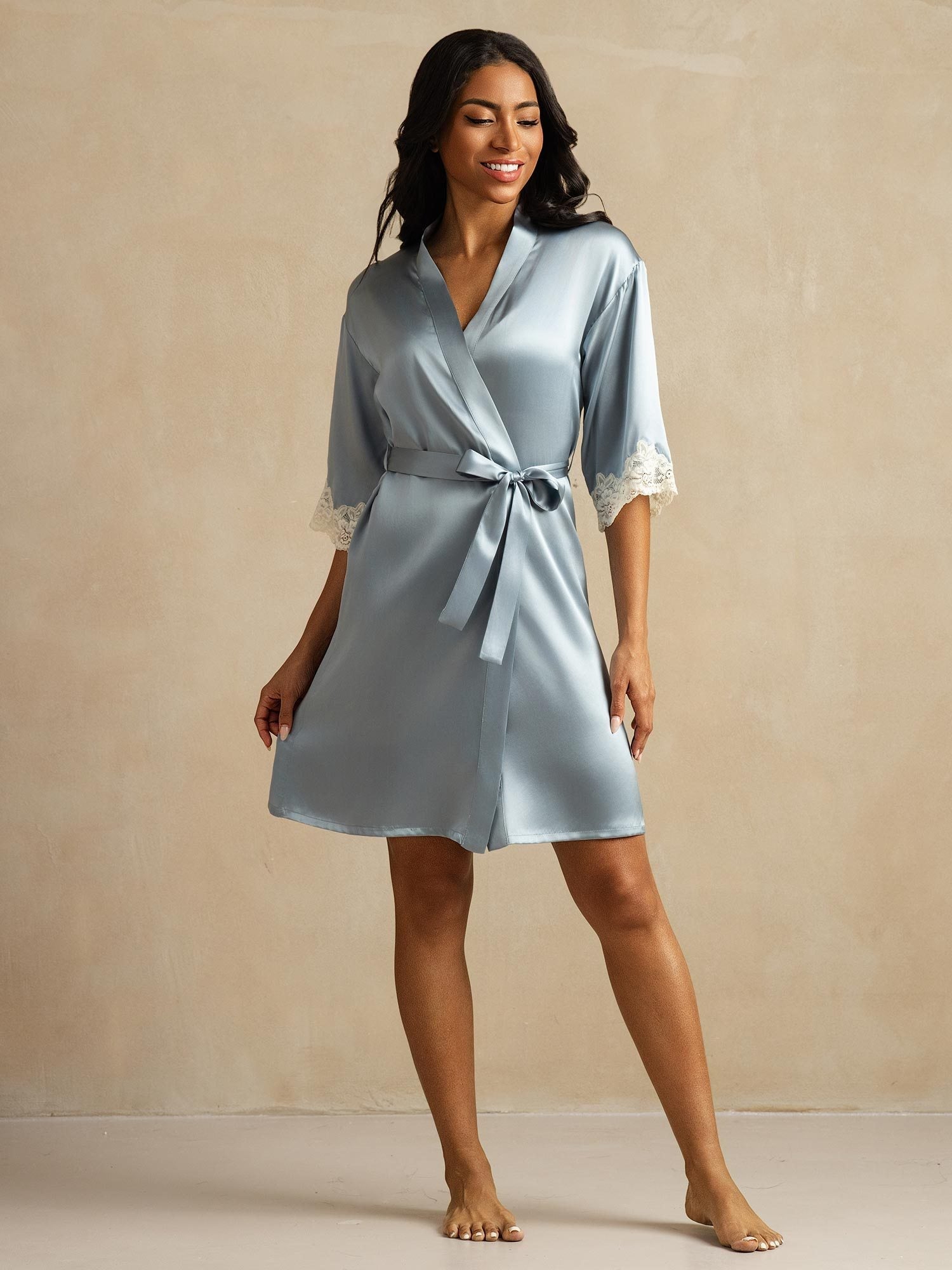 [Gråblå] SilkSilky-DK Silke Womens Robe 006