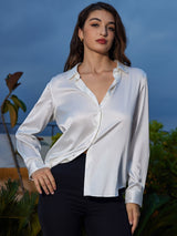 [Hvid] SilkSilky-DK Long Sleeve Lapel Collar Dameskjorte 001