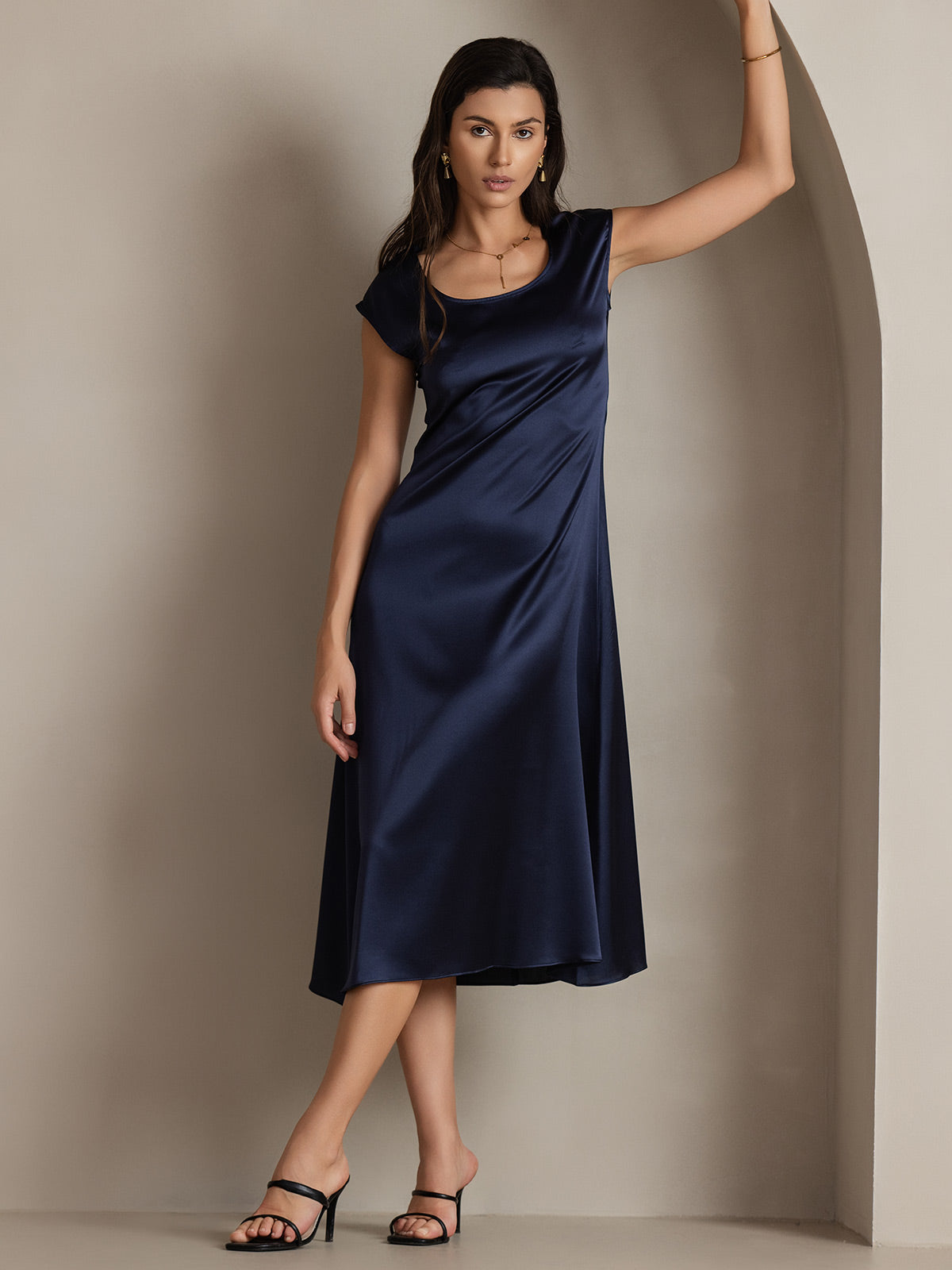 [Mørkeblå] SilkSilky-DK 19Momme Silke Dress 003