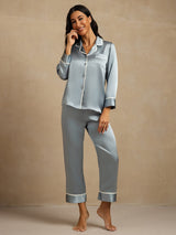 [Gråblå] SilkSilky-DK Langærmet Notchkrage Dame Pyjamas 006