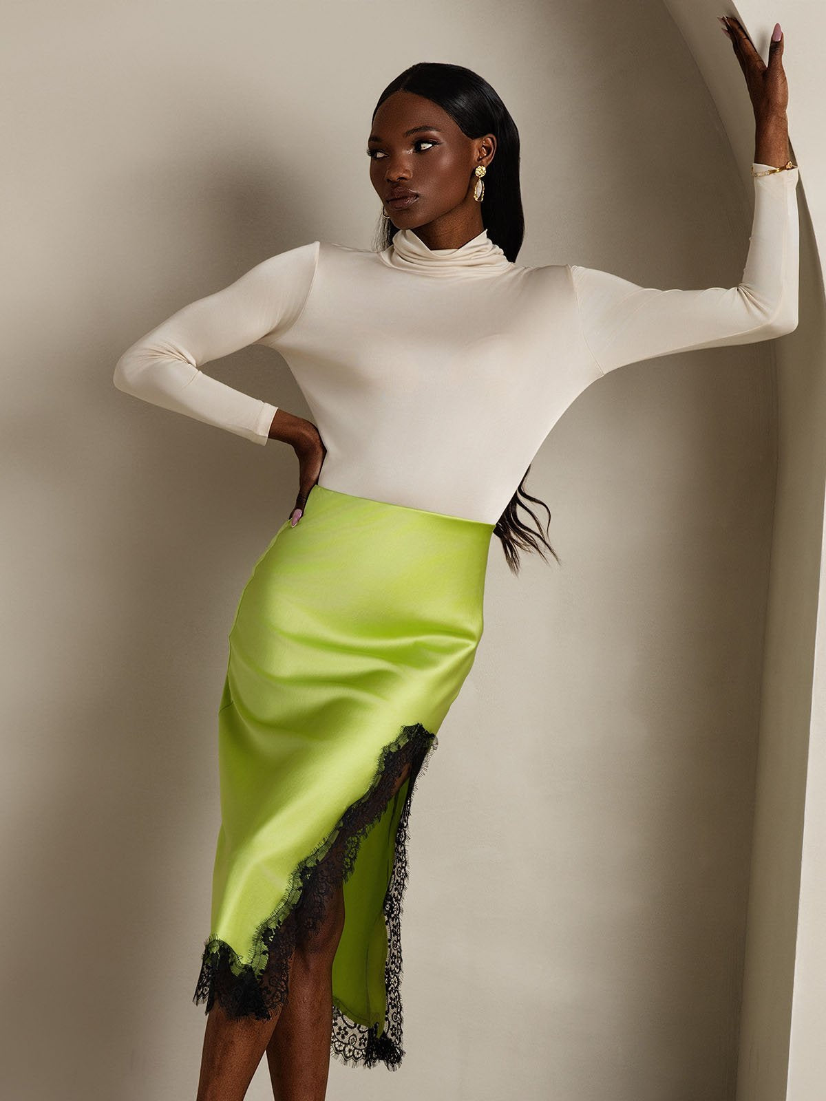 [Beige] SilkSilky-DK Langærmet Rullekrave T-shirt til kvinder 001