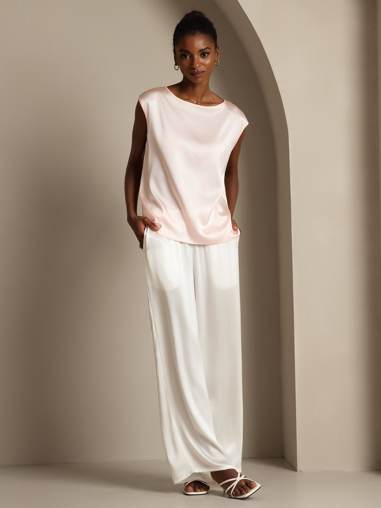 [Lyserød] SilkSilky-DK 19Momme Silke Womens T-Shirt 006,