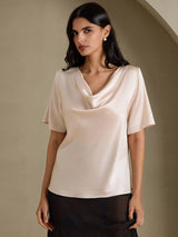 [Beige] SilkSilky-DK Short Sleeve Cowl Neck Damebluser 003