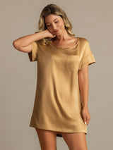 [Tan] SilkSilky-DK 19Momme Kort ærme Rund Hals Natkjole 006