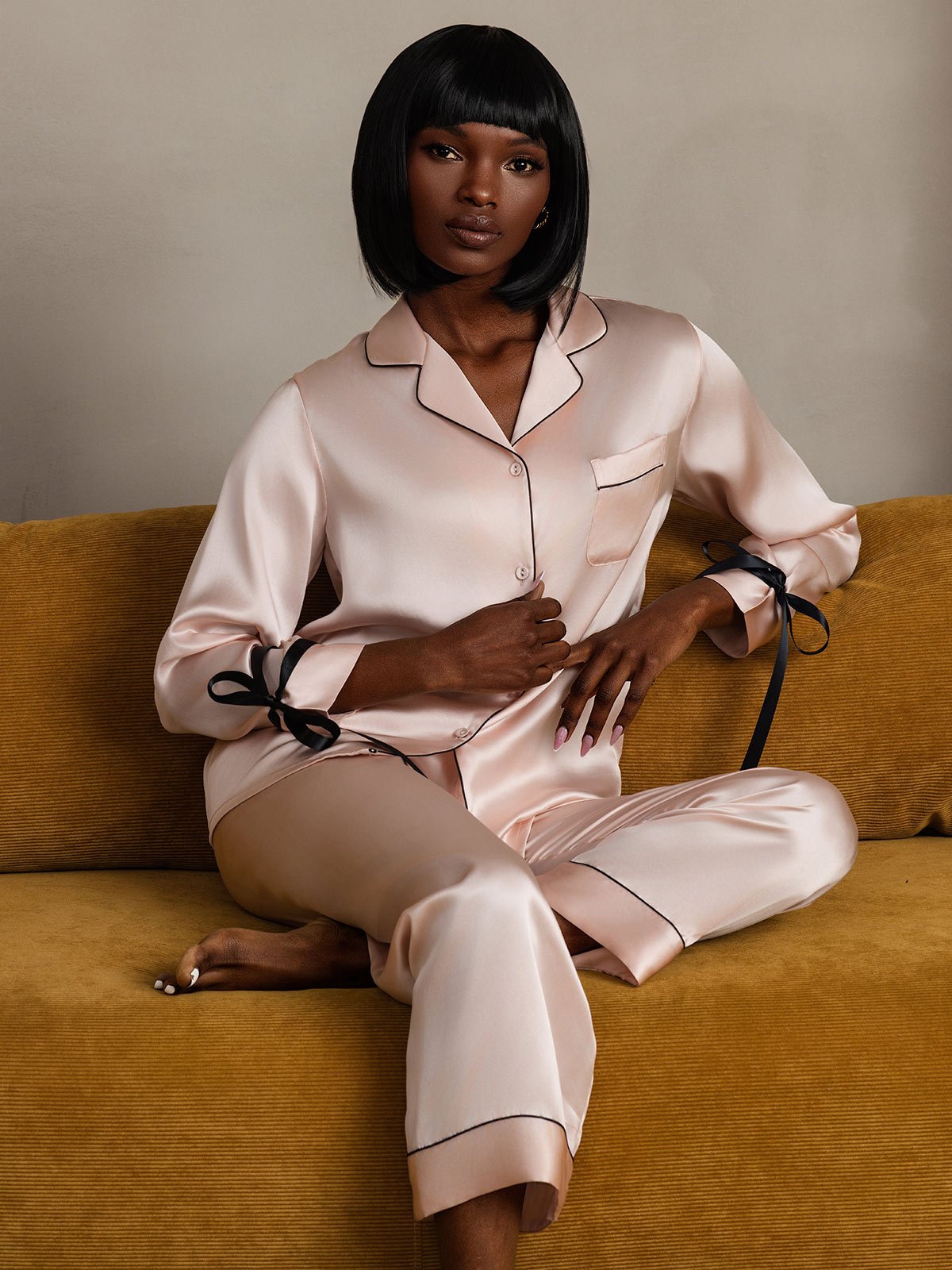 [Lyserød] SilkSilky-DK Silke Long Sleeve Revers Dame Pyjamas 001
