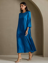 [Blågrøn] SilkSilky-DK 3/4 Sleeve Round Neck Kjole 006